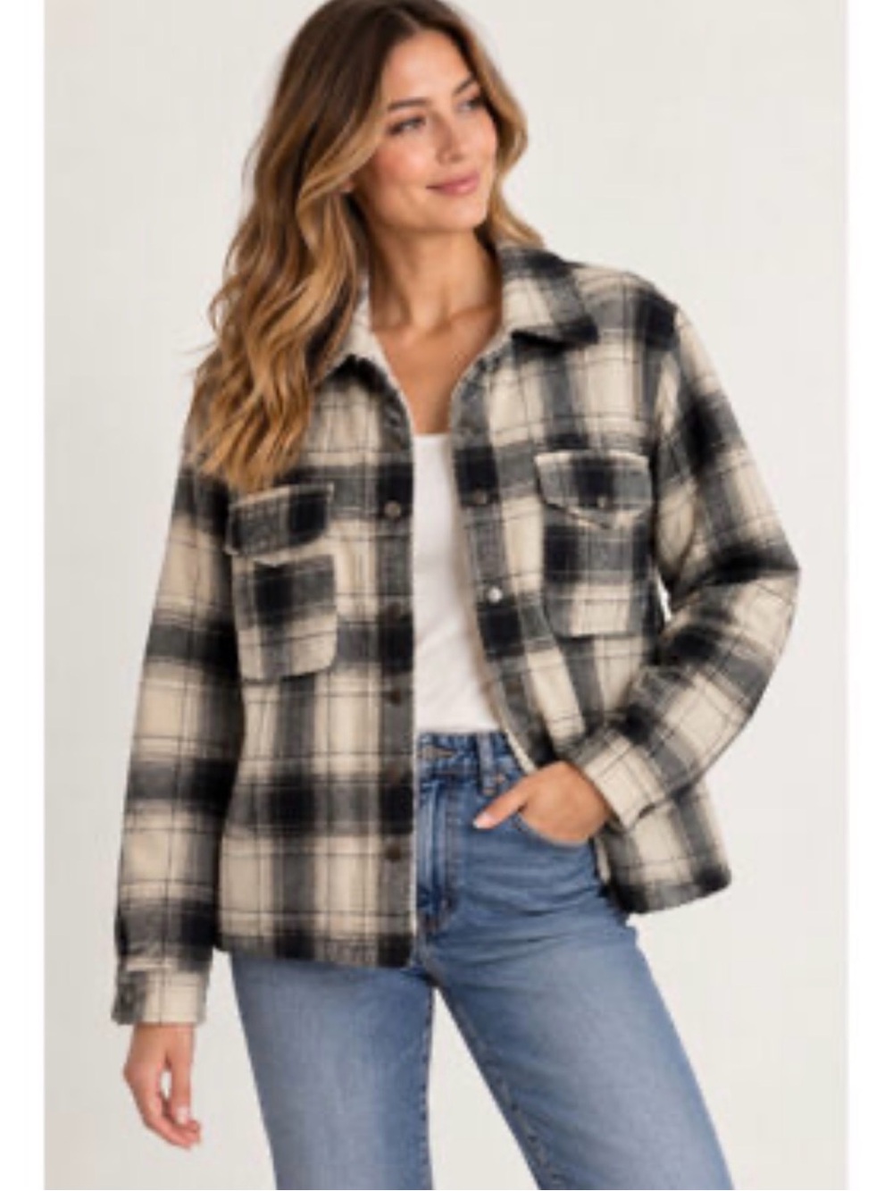 Lucky Brand Sherpa Lined Black & Cream Plaid Flannel Shirt Jacket Shacket